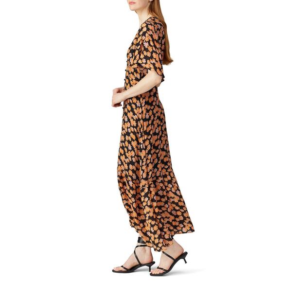 VEDA Dress Womens Medium Montana Orange Black Floral Printed Button Front Midi - Picture 6 of 13